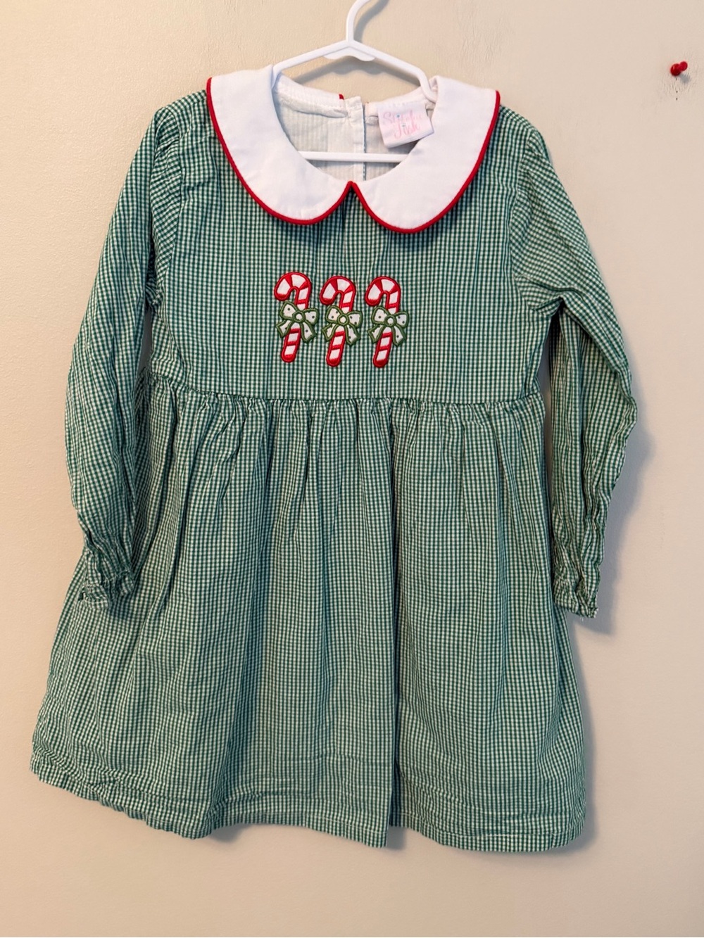 Stitchy Fish Green Gingham Candy Cane Dress with White Peter Pan Collar